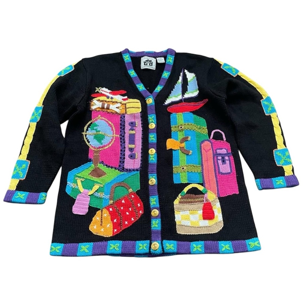 NWOT Vintage 90s Novelty World Traveler Cardigan Intarsia Knit Cottagecore M
